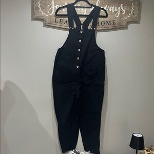 Free People Black Overalls with Wooden Button Details